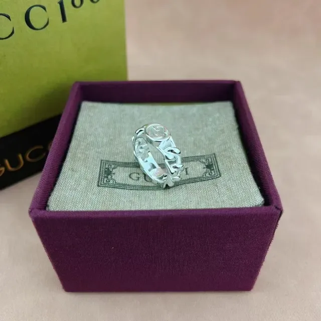 Gucci GG Marmont Silver Interlocking Logo Chunky Chain-Link Band Ring 7