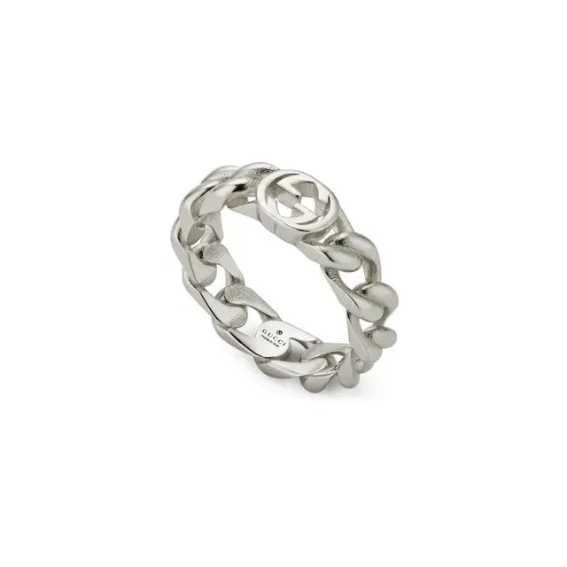 Gucci GG Marmont Silver Interlocking Logo Chunky Chain-Link Band Ring 9