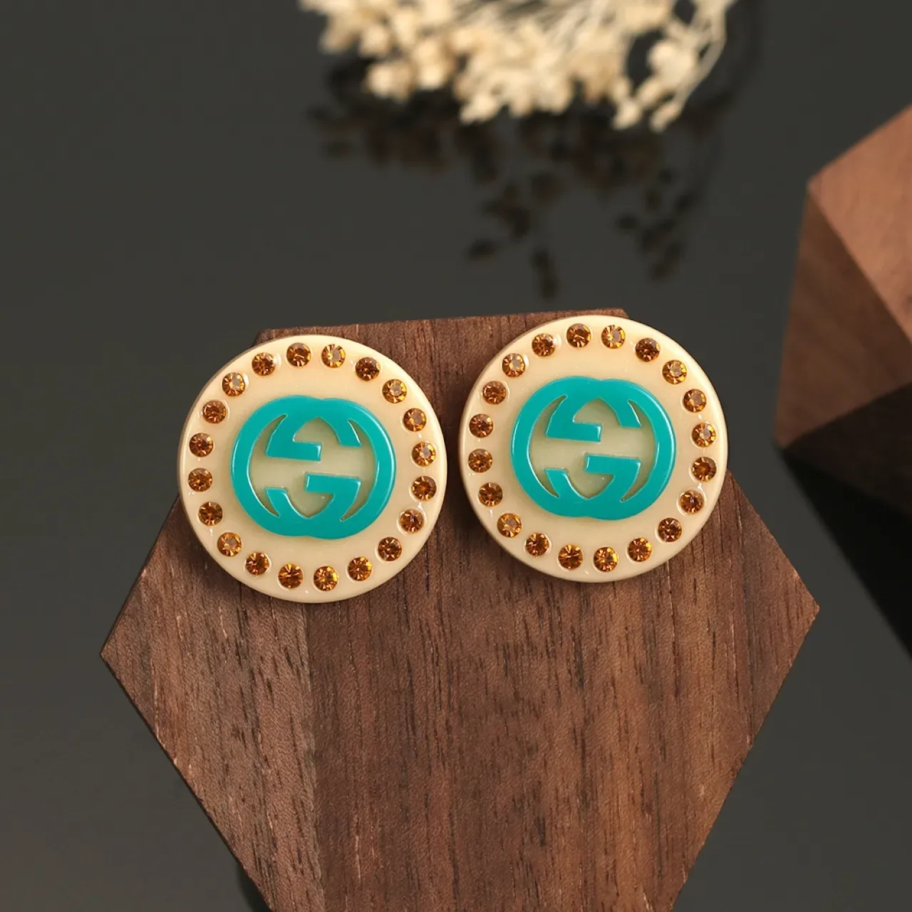 Gucci GG Marmont Turquoise and Amber Rhinestone Stud Earrings 2