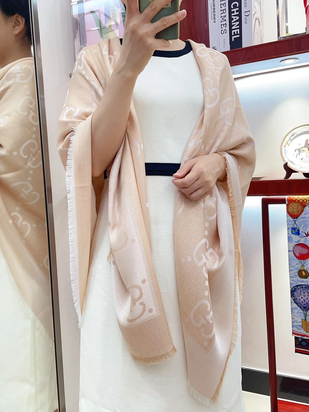 Gucci GG Monogram Beige Silk Scarf 2