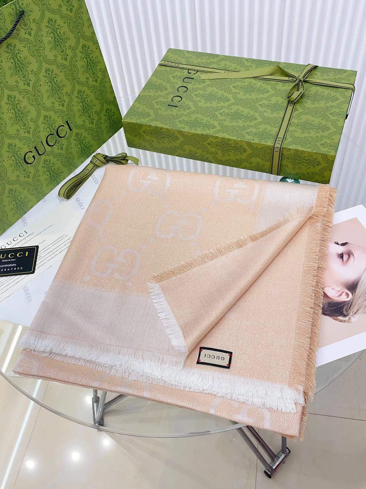 Gucci GG Monogram Beige Silk Scarf 5