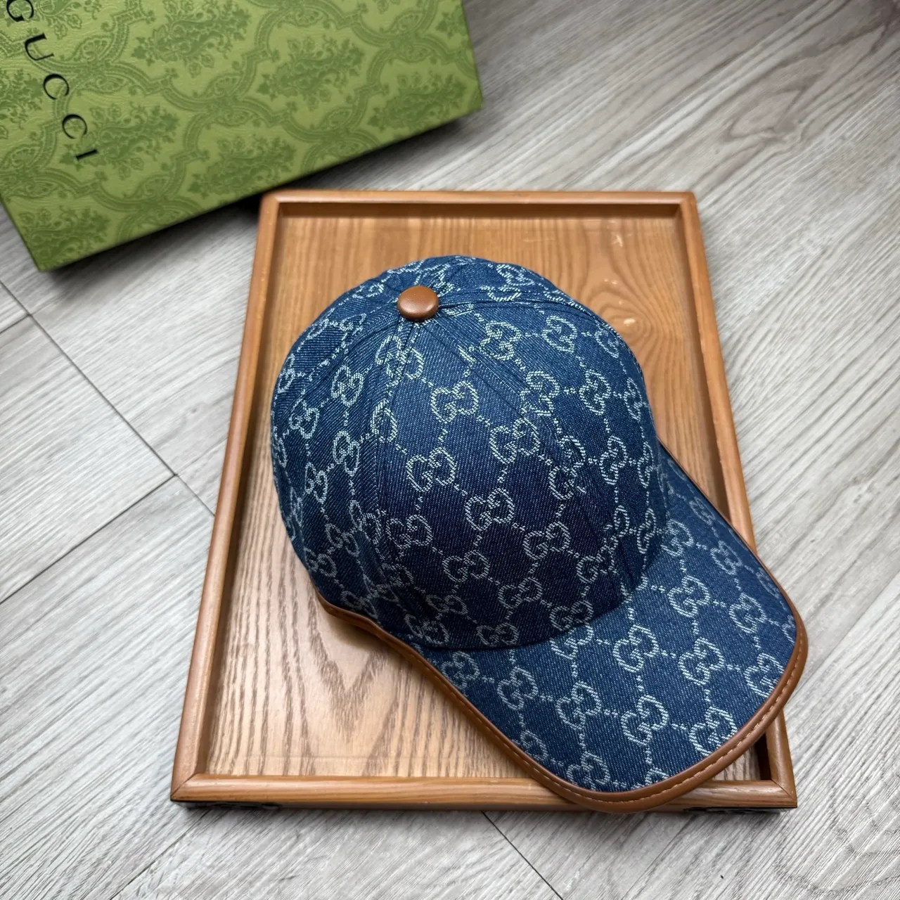 Gucci GG Monogram Boné de beisebol de tecido similar ao denim com estampado interlocking azul e marrom 7