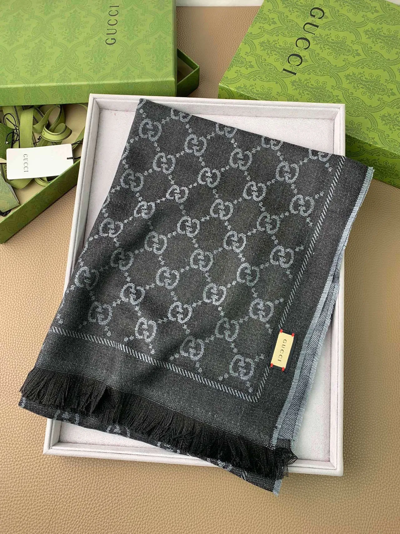 Gucci GG Monogram Gradient Gray Cashmere Scarf 4