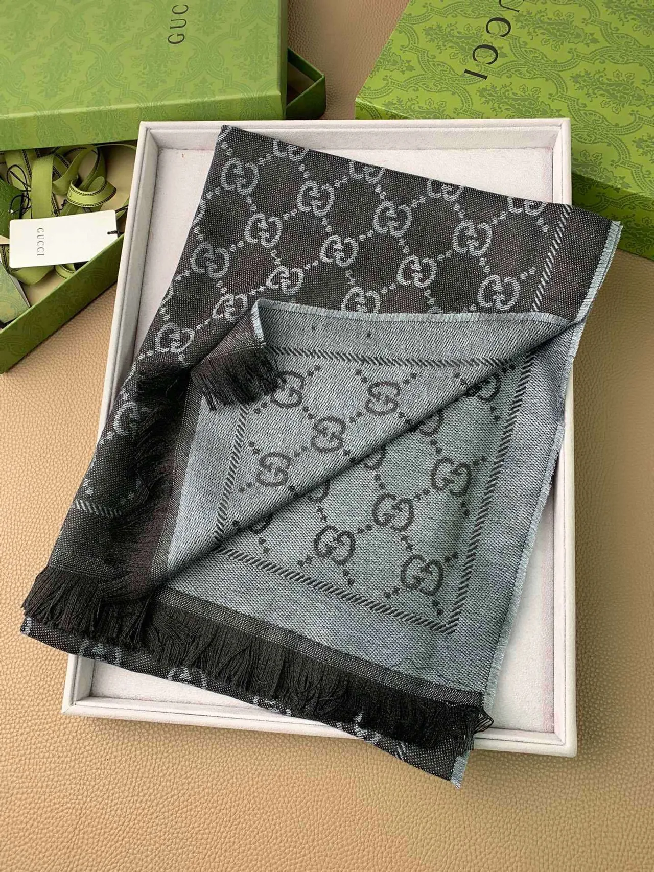 Gucci GG Monogram Gradient Gray Cashmere Scarf 5