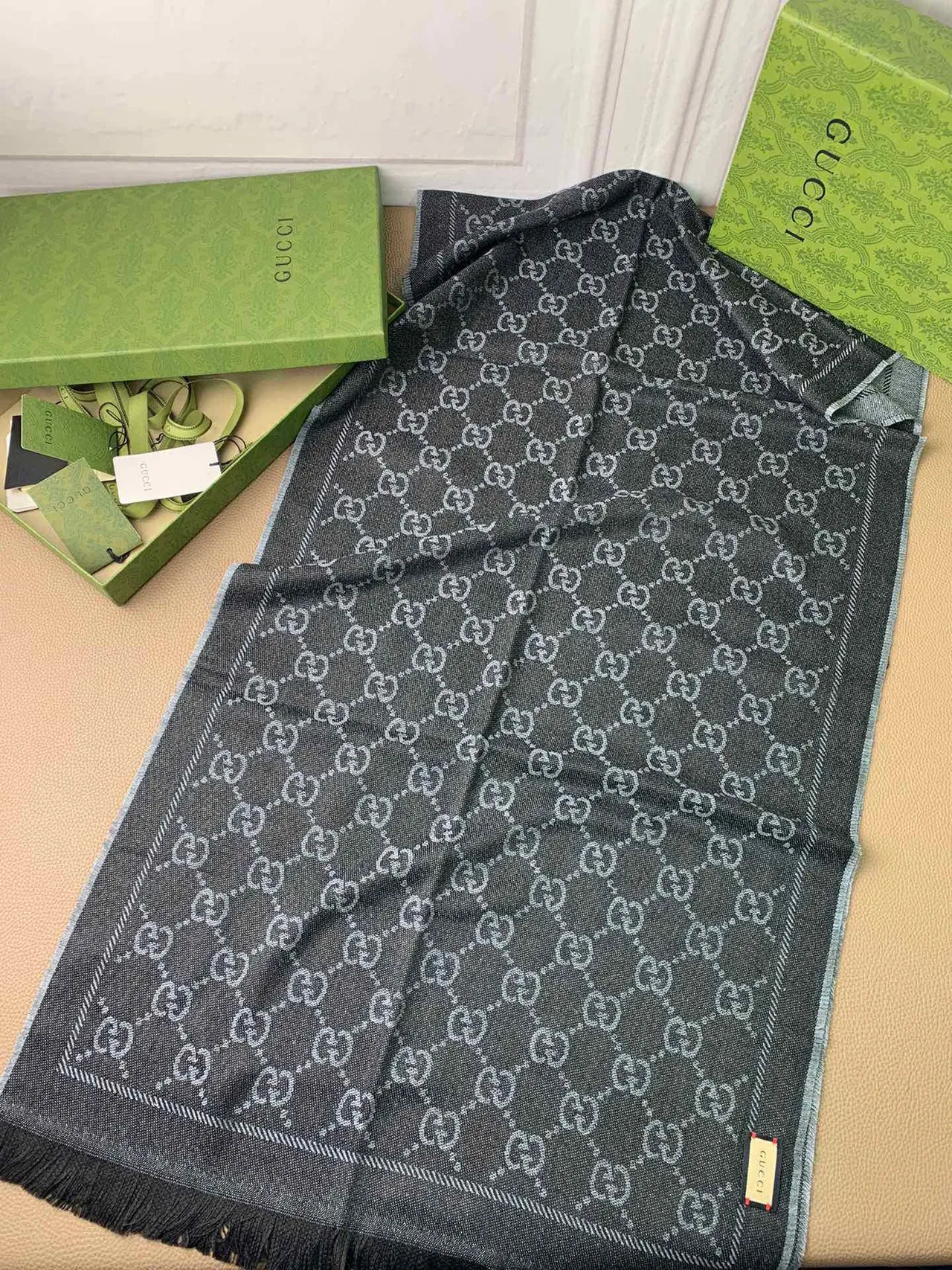 Gucci GG Monogram Gradient Gray Cashmere Scarf 6
