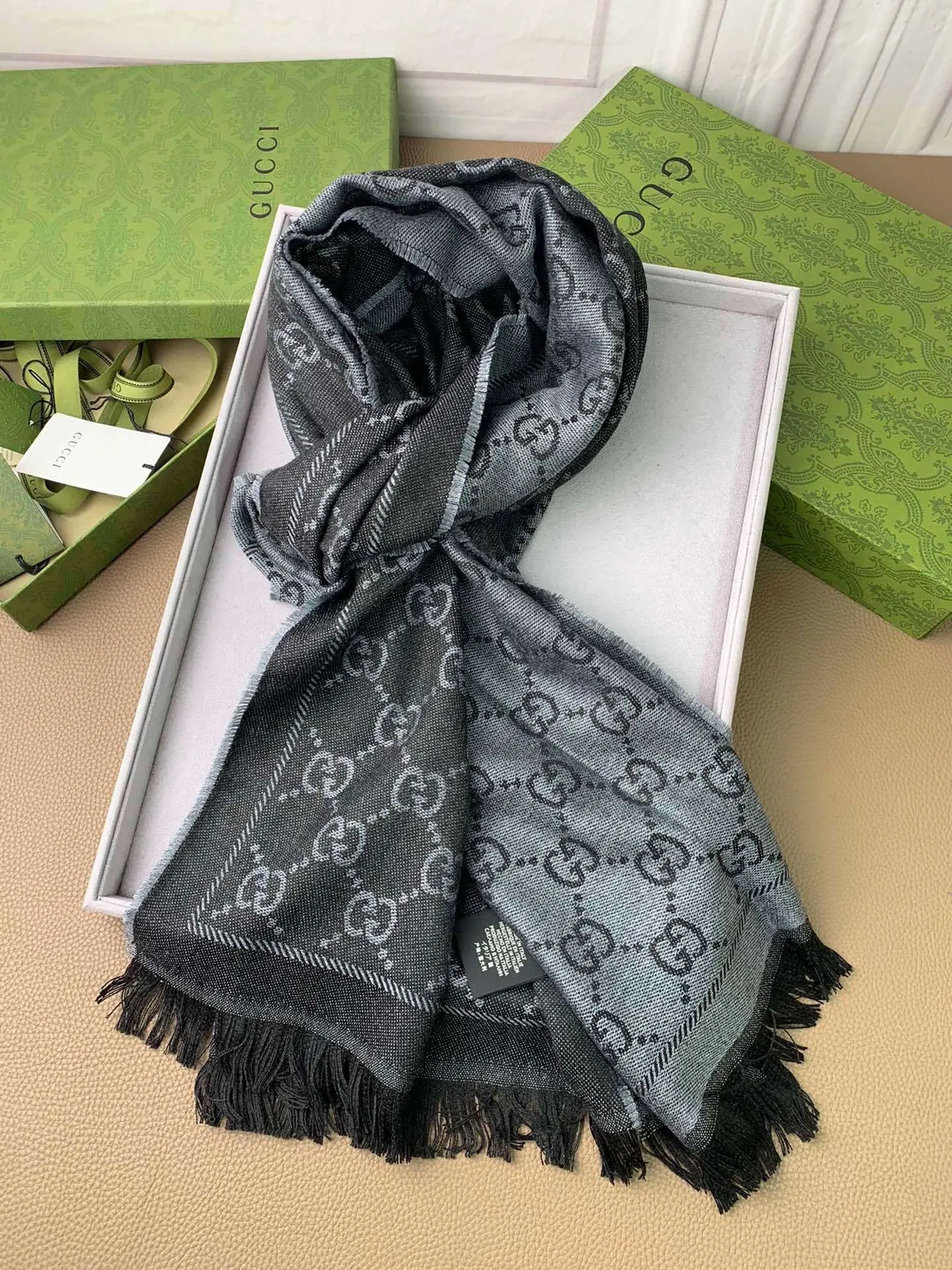 Gucci GG Monogram Gradient Gray Cashmere Scarf 8