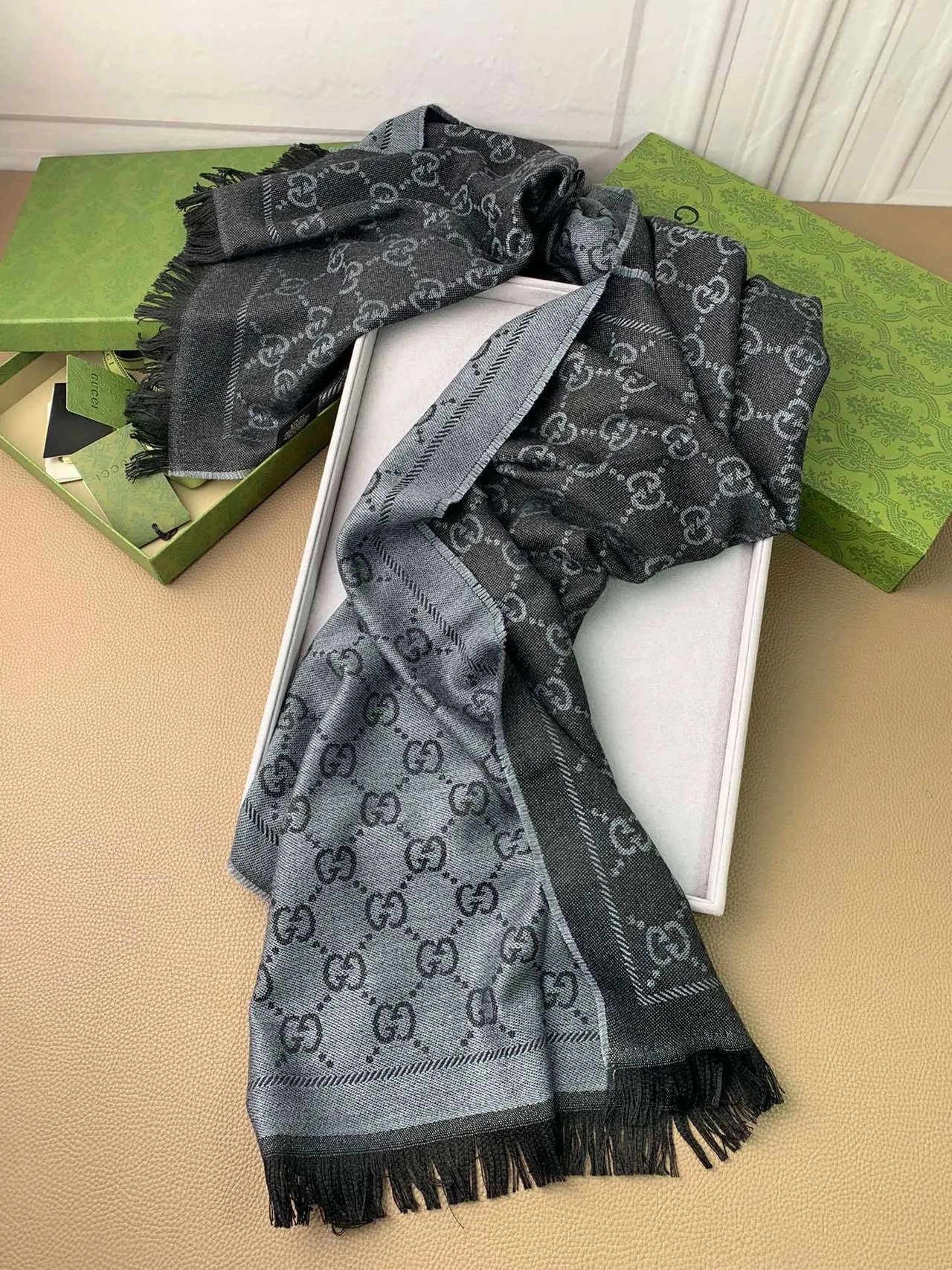 Gucci GG Monogram Gradient Gray Cashmere Scarf 9
