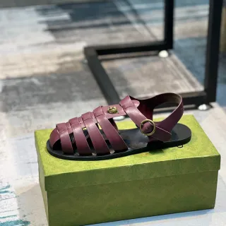 Gucci Gladiator Burgundy Black Multi-Strap Lion-Head Medallion Gladiator Sandals