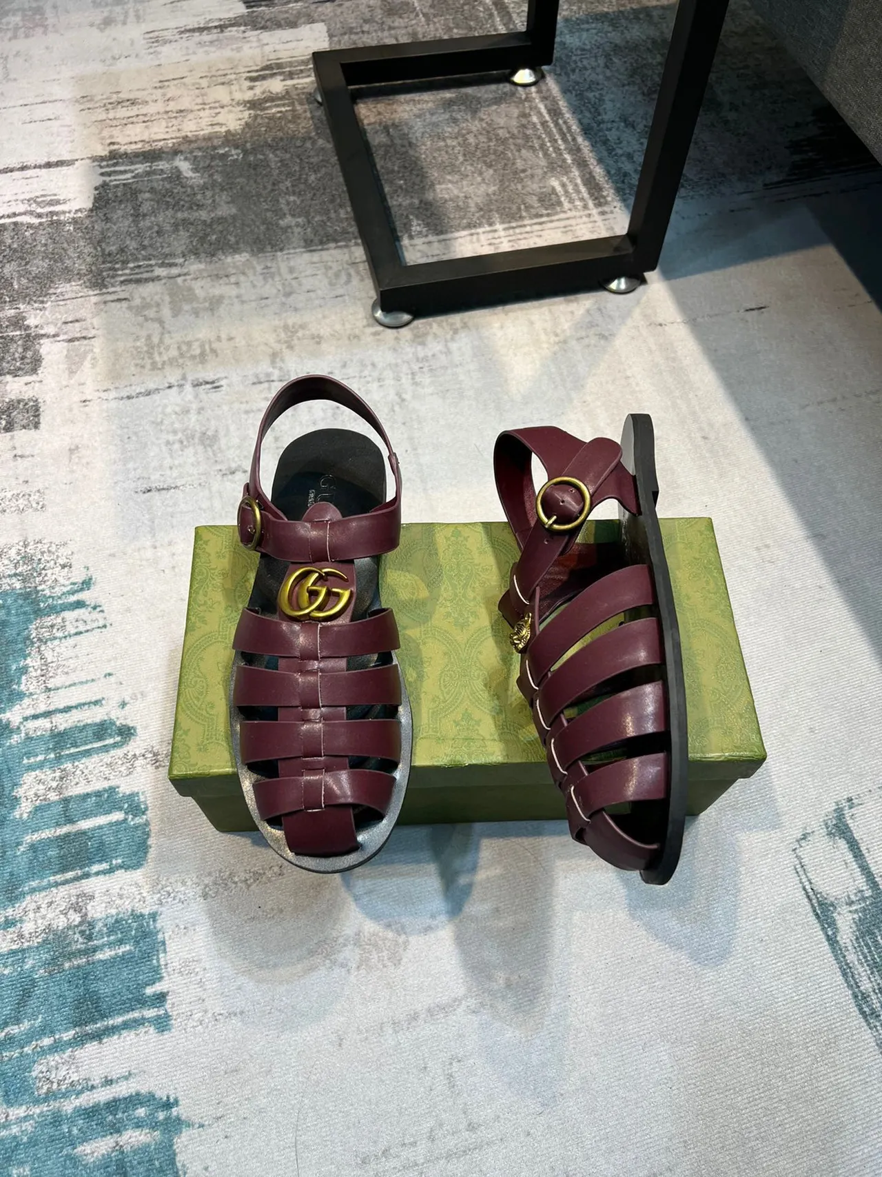 Gucci Gladiator Burgundy Black Multi-Strap Lion-Head Medallion Gladiator Sandals 4