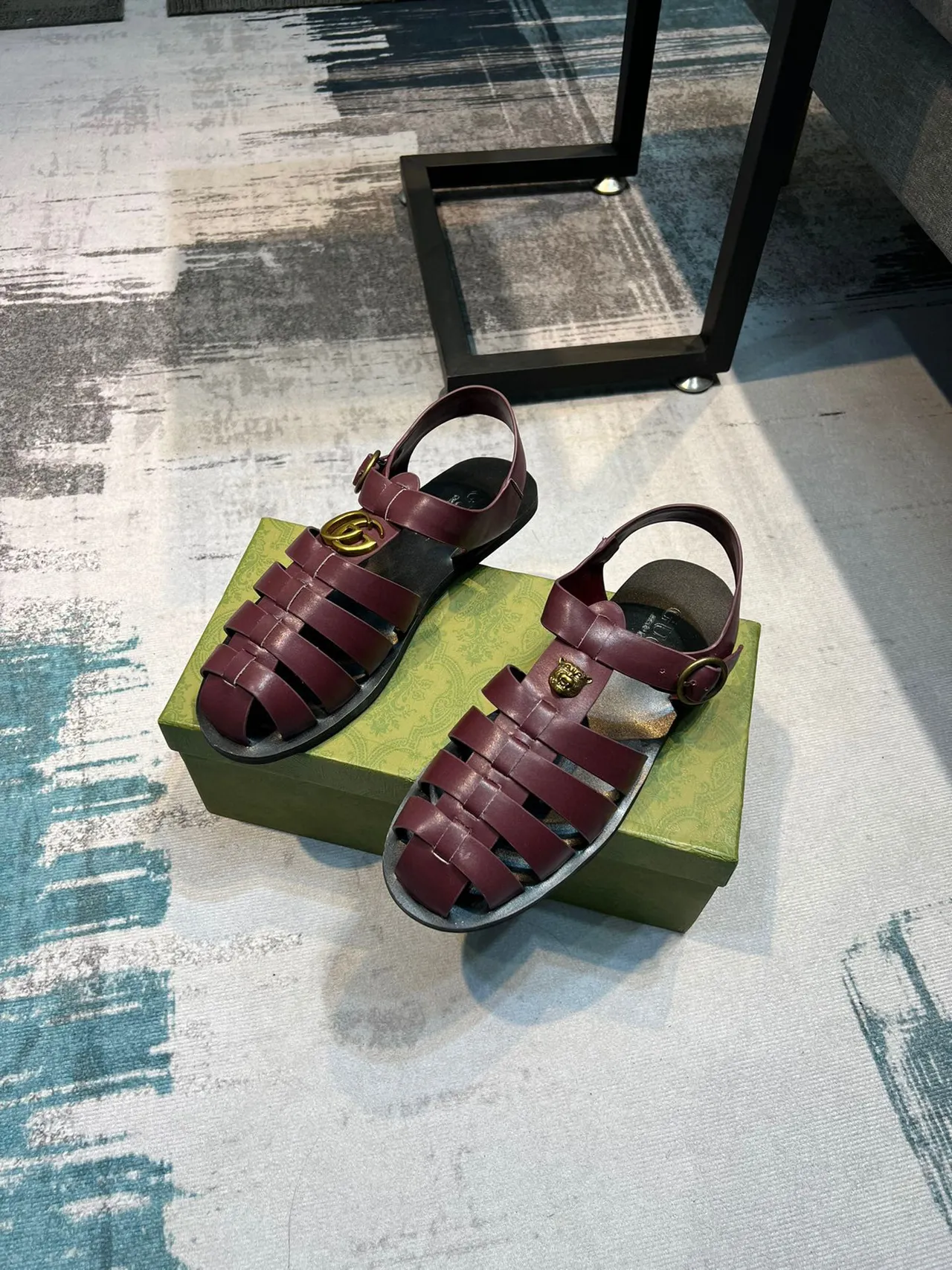 Gucci Gladiator Burgundy Black Multi-Strap Lion-Head Medallion Gladiator Sandals 5