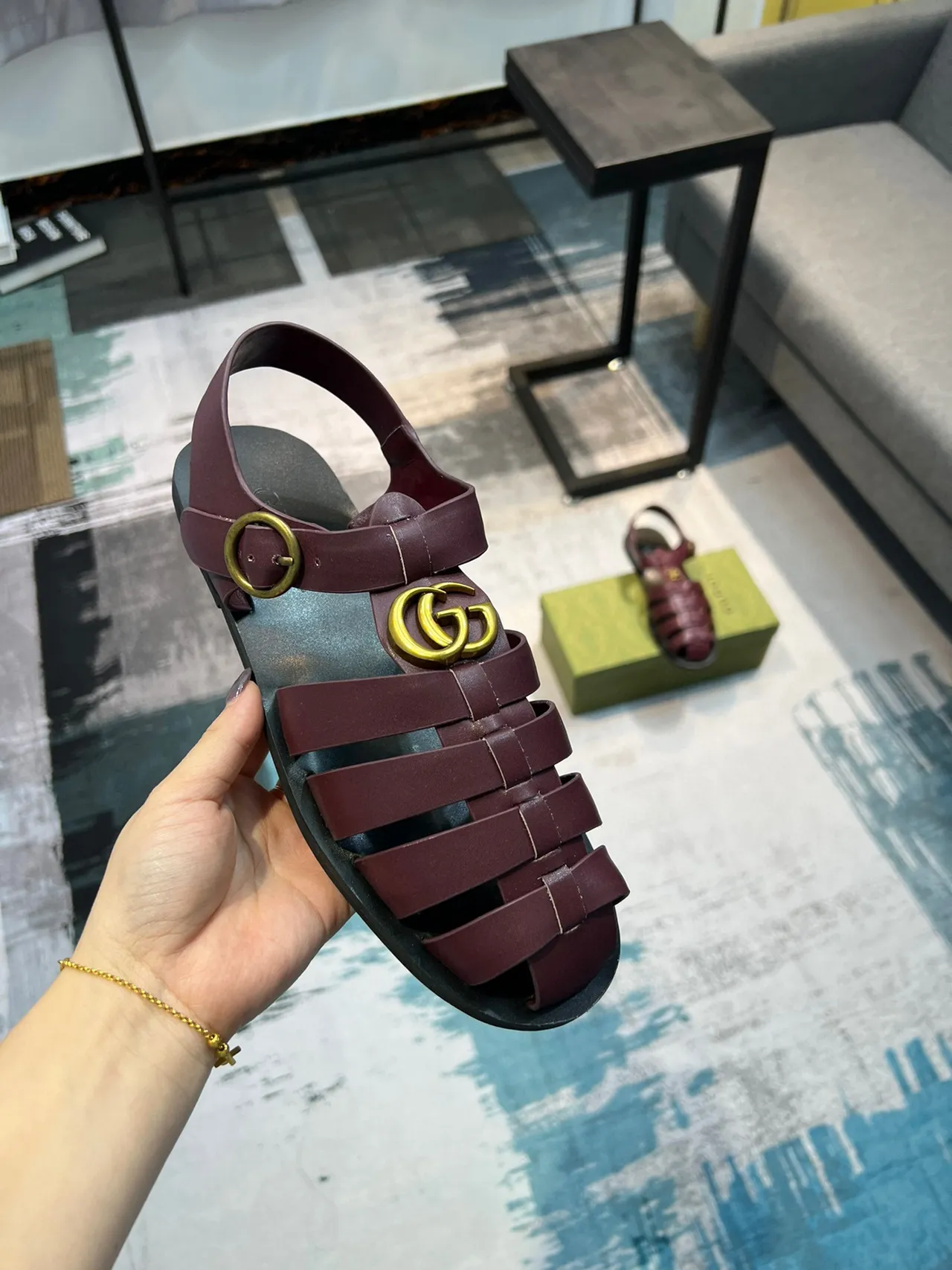 Gucci Gladiator Burgundy Black Multi-Strap Lion-Head Medallion Gladiator Sandals 6