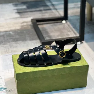 Gucci Gladiator Sandal Black Gold Multi-Strap Medusa Emblem Gladiator Sandals