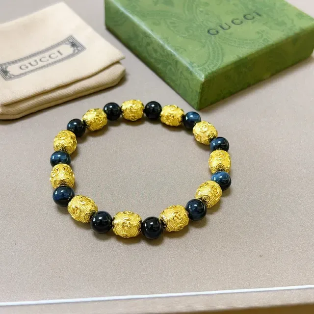 Gucci Gold Blue Beaded Alternating And Dark Spheres Bracelet 2