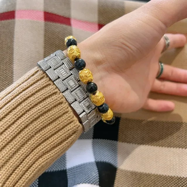 Gucci Gold Blue Beaded Alternating And Dark Spheres Bracelet 3