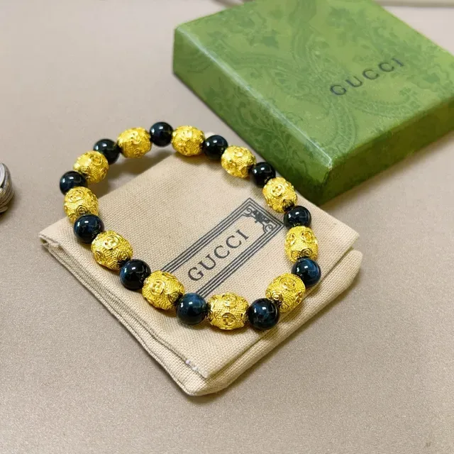 Gucci Gold Blue Beaded Alternating And Dark Spheres Bracelet 4