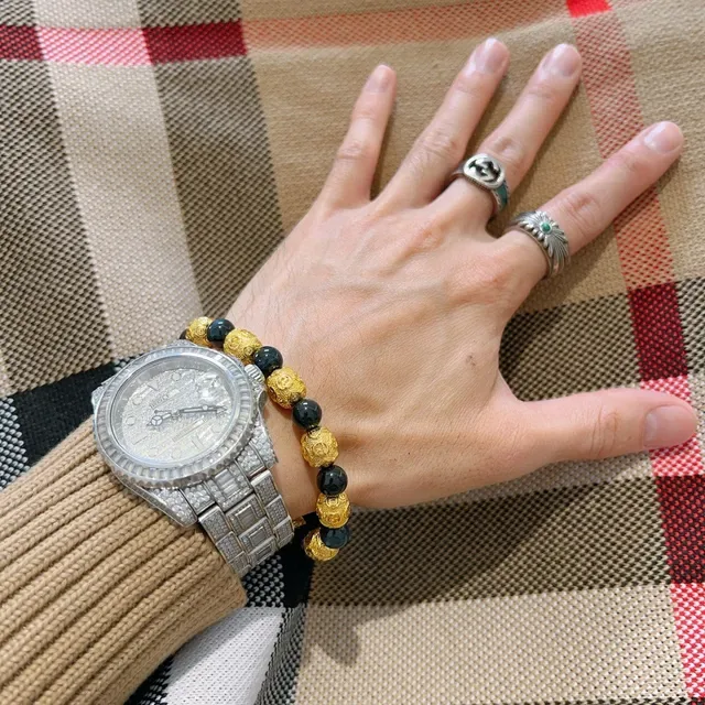 Gucci Gold Blue Beaded Alternating And Dark Spheres Bracelet 5