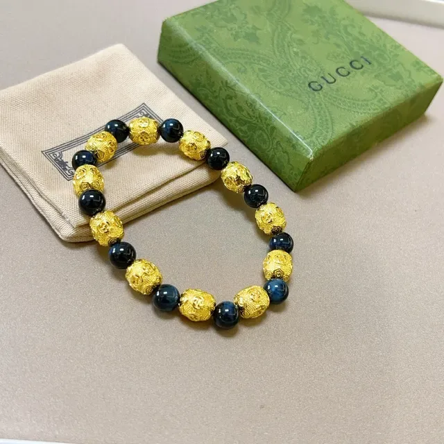 Gucci Gold Blue Beaded Alternating And Dark Spheres Bracelet 6