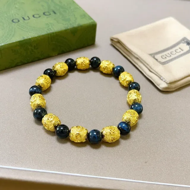Gucci Gold Blue Beaded Alternating And Dark Spheres Bracelet 7