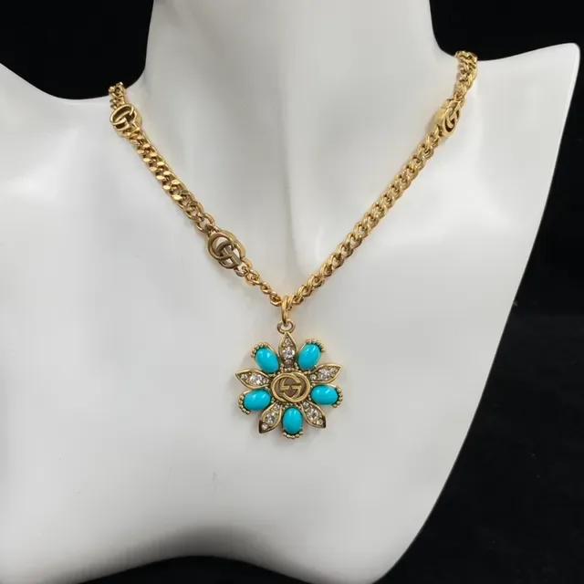 Gucci سلسلة كيرب زرقاء ذهبية قلادة زهرية ديزي 2