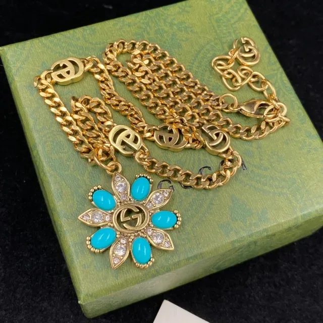 Gucci سلسلة كيرب زرقاء ذهبية قلادة زهرية ديزي 4