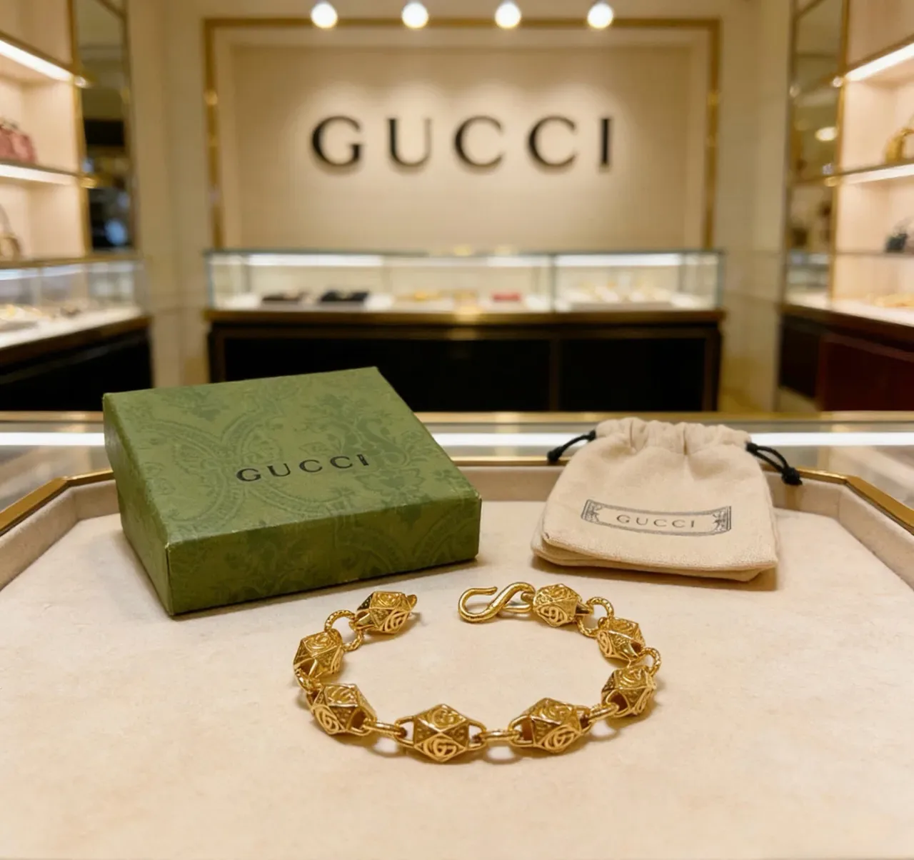 Gucci Gold Geometric Faceted Links Interlocking GG Motif Bracelet 5