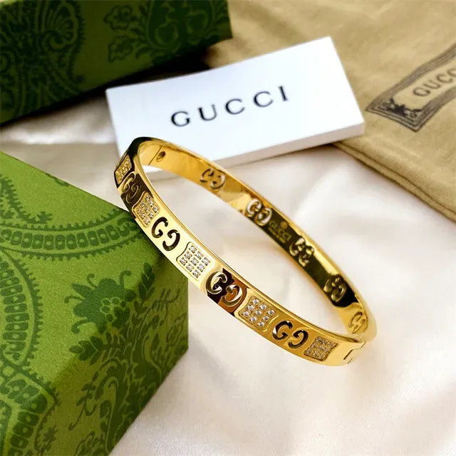 Gucci Gold Silver Rigid Bangle Interlocking GG Motif Bracelet 3