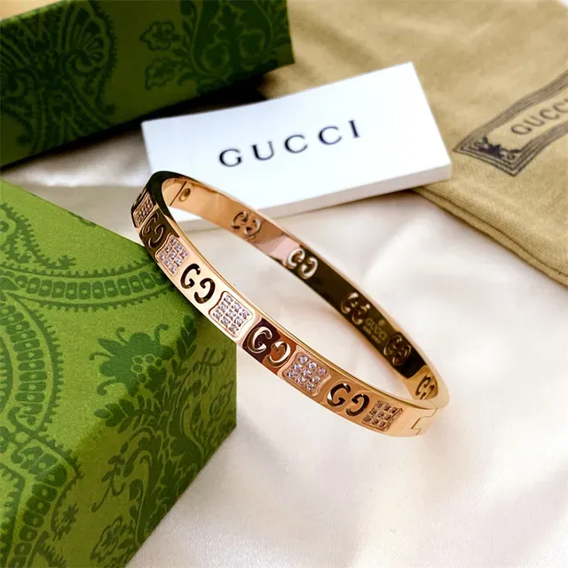 Gucci Gold Silver Rigid Bangle Interlocking GG Motif Bracelet 4