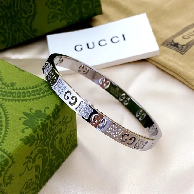 Gucci Gold Silver Rigid Bangle Interlocking GG Motif Bracelet 5
