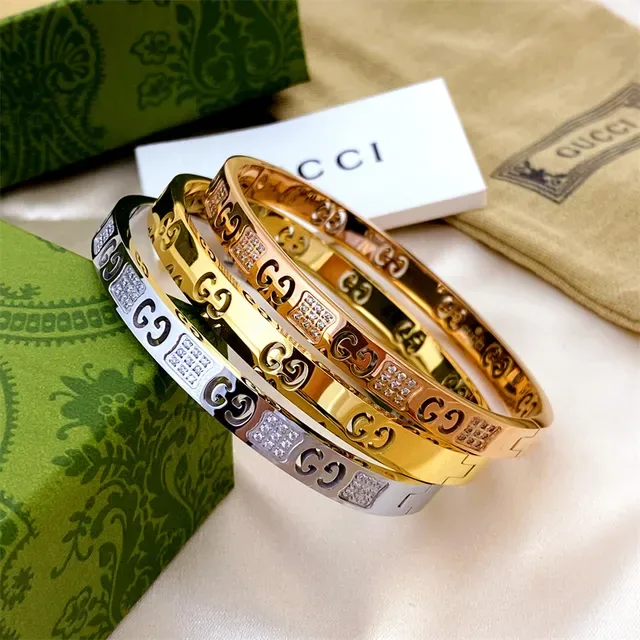 Gucci Gold Silver Rigid Bangle Interlocking GG Motif Bracelet 6