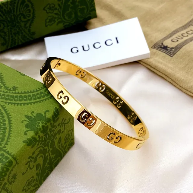 Gucci Gold Silver Rigid Bangle Interlocking GG Motif Bracelet 7