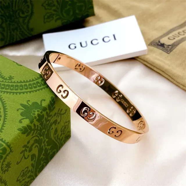 Gucci Gold Silver Rigid Bangle Interlocking GG Motif Bracelet 8