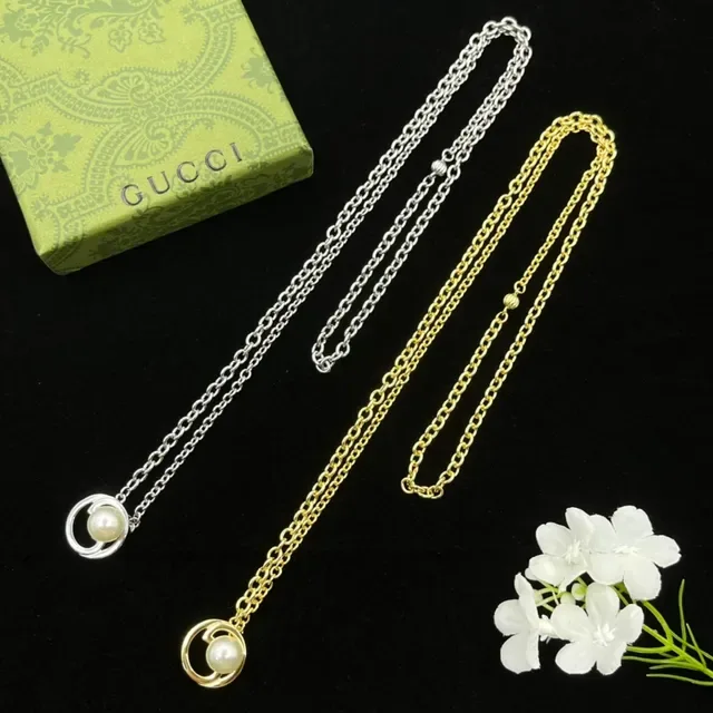 Gucci Gold White Chain Interlocking G Logo Pendant Necklace 2