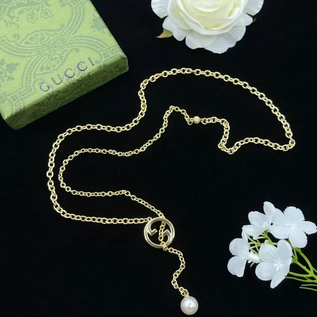 Gucci Gold White Chain Interlocking G Logo Pendant Necklace 4