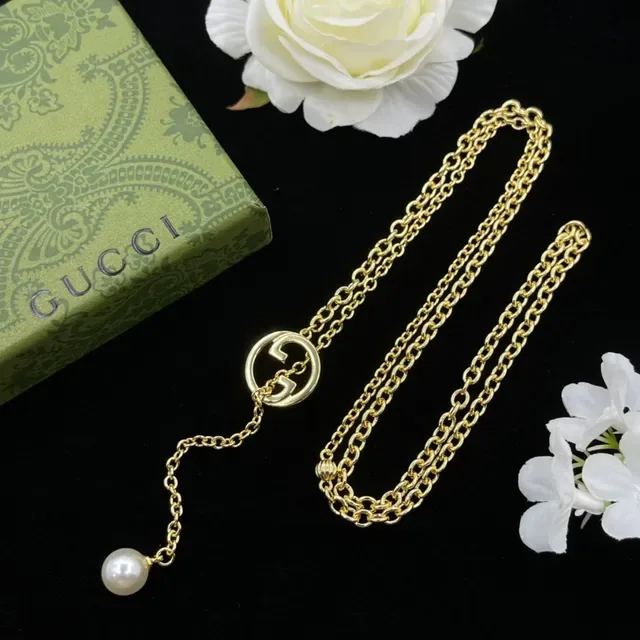 Gucci Gold White Chain Interlocking G Logo Pendant Necklace 5