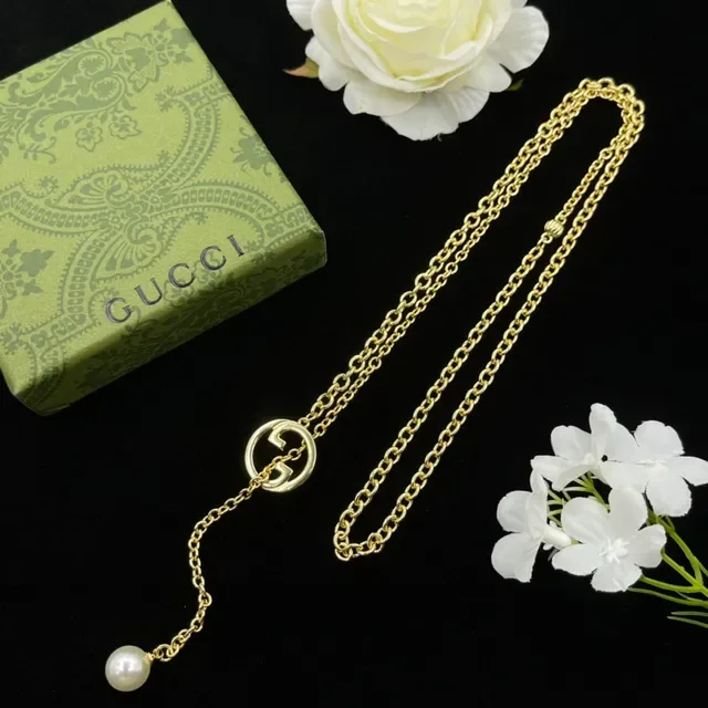 Gucci Gold White Chain Interlocking G Logo Pendant Necklace 6
