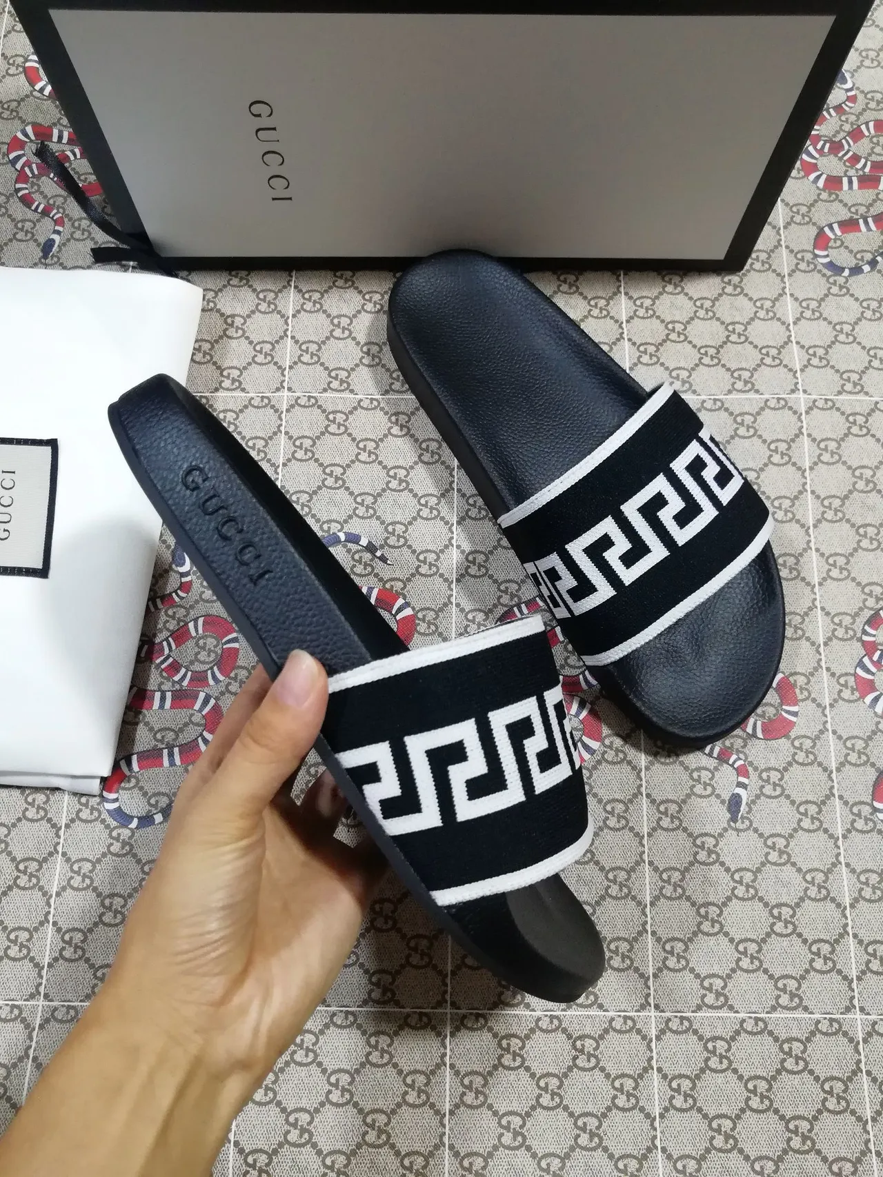Gucci Greca Slide Black and White Slippers 4