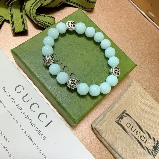 Gucci Green Silver Beaded Interlocking G Charms Bracelet 3
