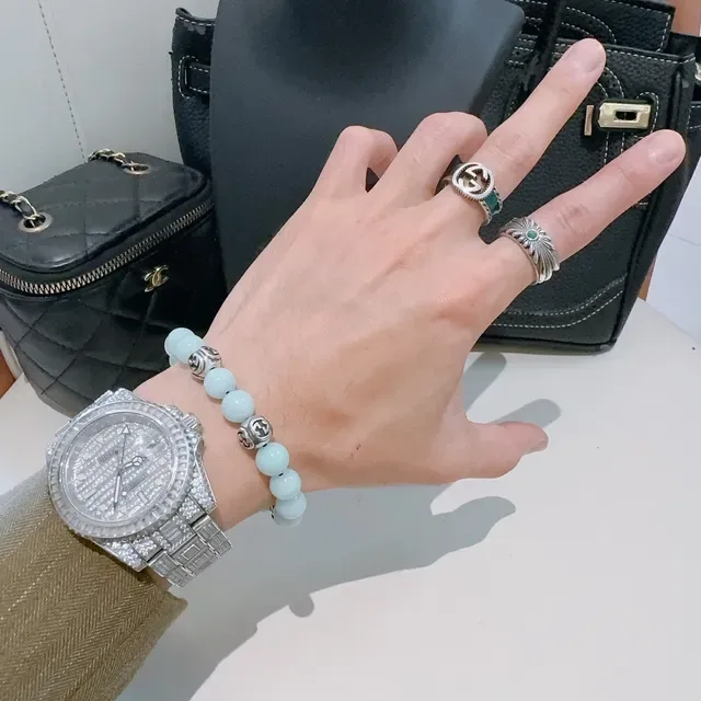 Gucci Green Silver Beaded Interlocking G Charms Bracelet 5