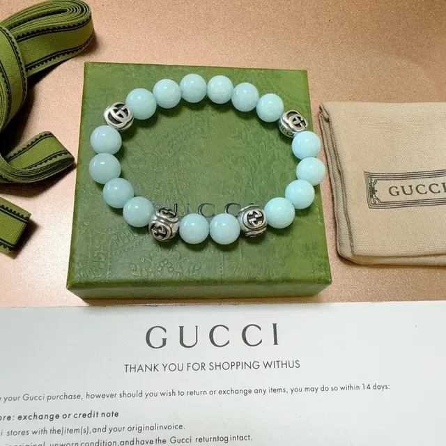 Gucci Green Silver Beaded Interlocking G Charms Bracelet 6