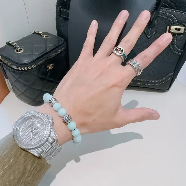 Gucci Green Silver Beaded Interlocking G Charms Bracelet 8