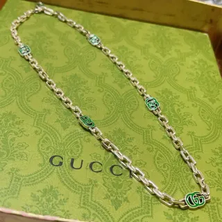Gucci Green Silver Chain-Link Enamel Double-G Motifs Necklace
