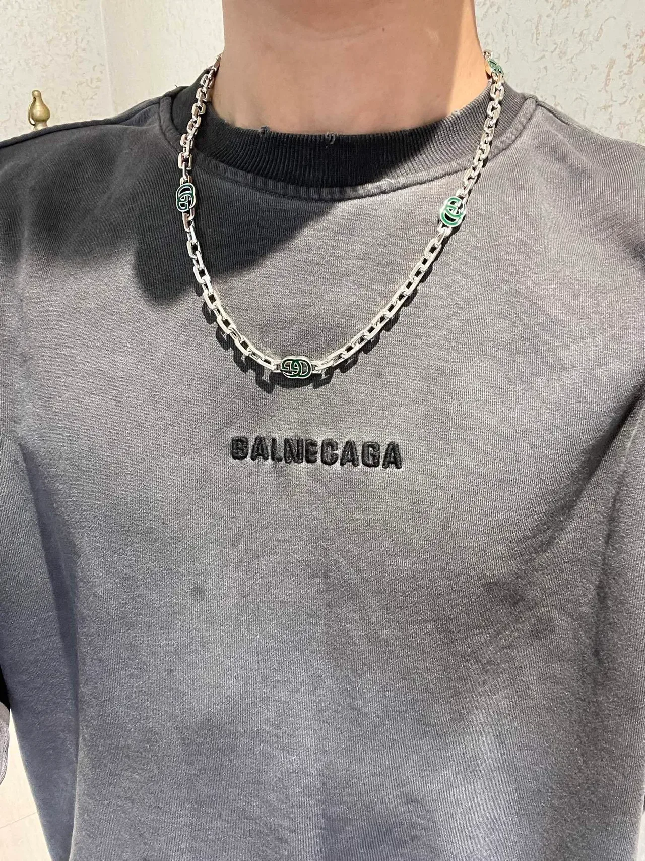 Gucci Green Silver Chain-Link Enamel Double-G Motifs Necklace 2