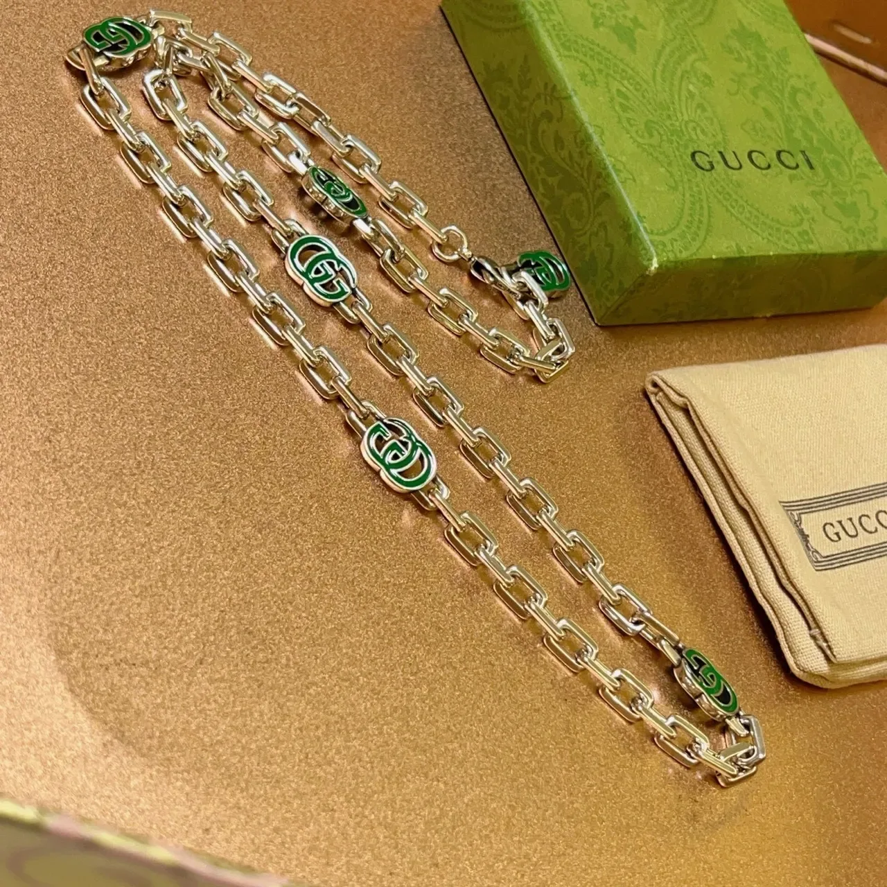 Gucci Green Silver Chain-Link Enamel Double-G Motifs Necklace 3