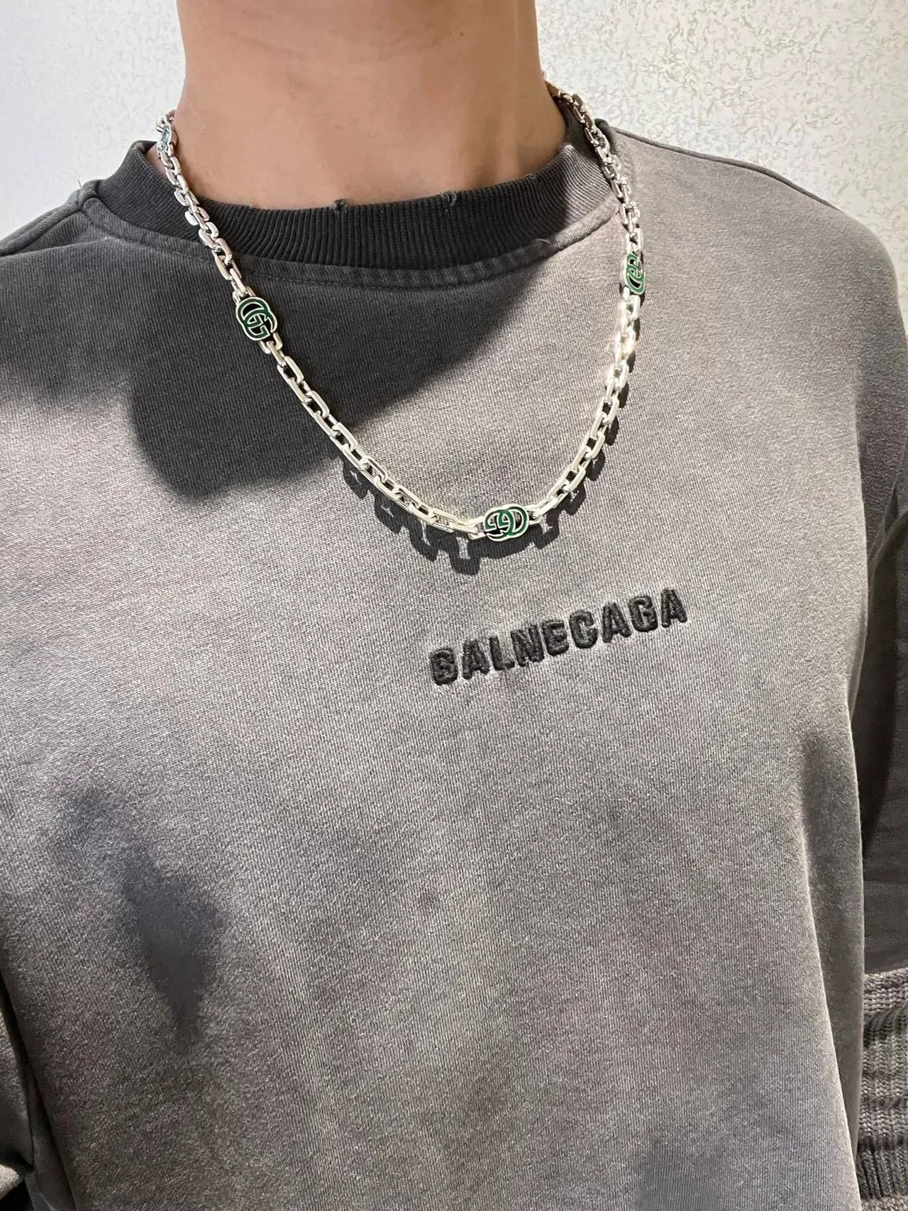 Gucci Green Silver Chain-Link Enamel Double-G Motifs Necklace 5
