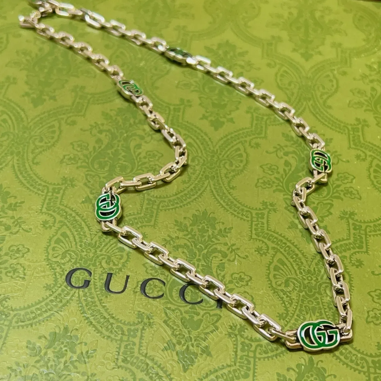 Gucci Green Silver Chain-Link Enamel Double-G Motifs Necklace 7
