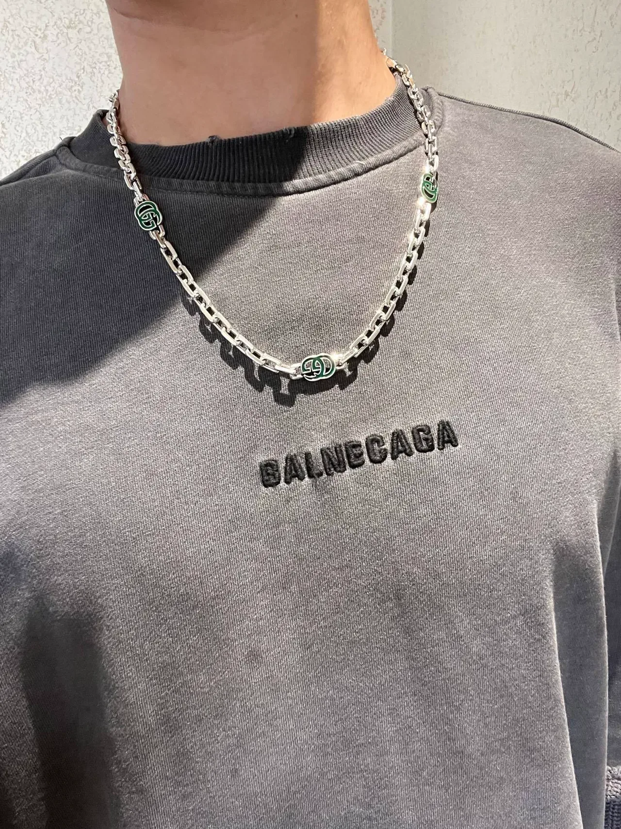 Gucci Green Silver Chain-Link Enamel Double-G Motifs Necklace 8