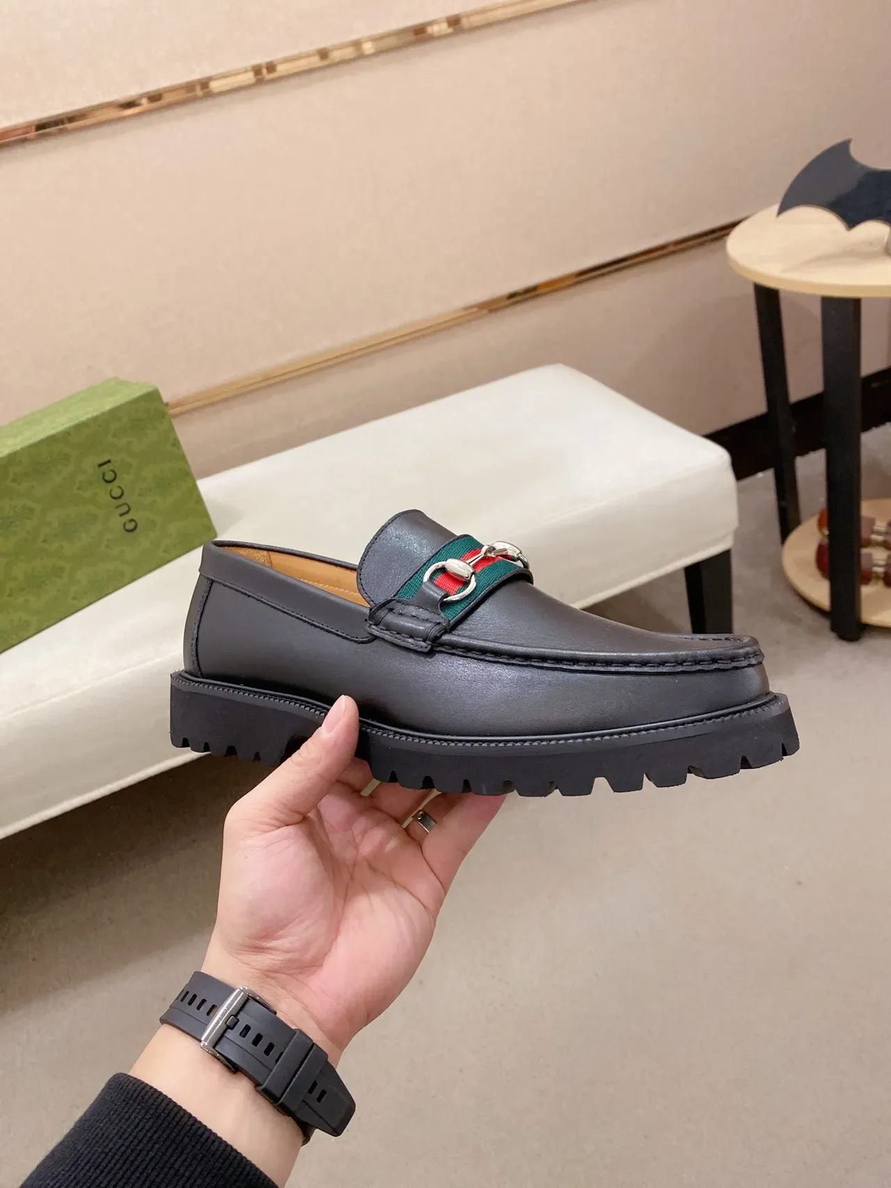 Gucci Horsebit 1955 Black Green Leather Upper Buckle Loafer 4