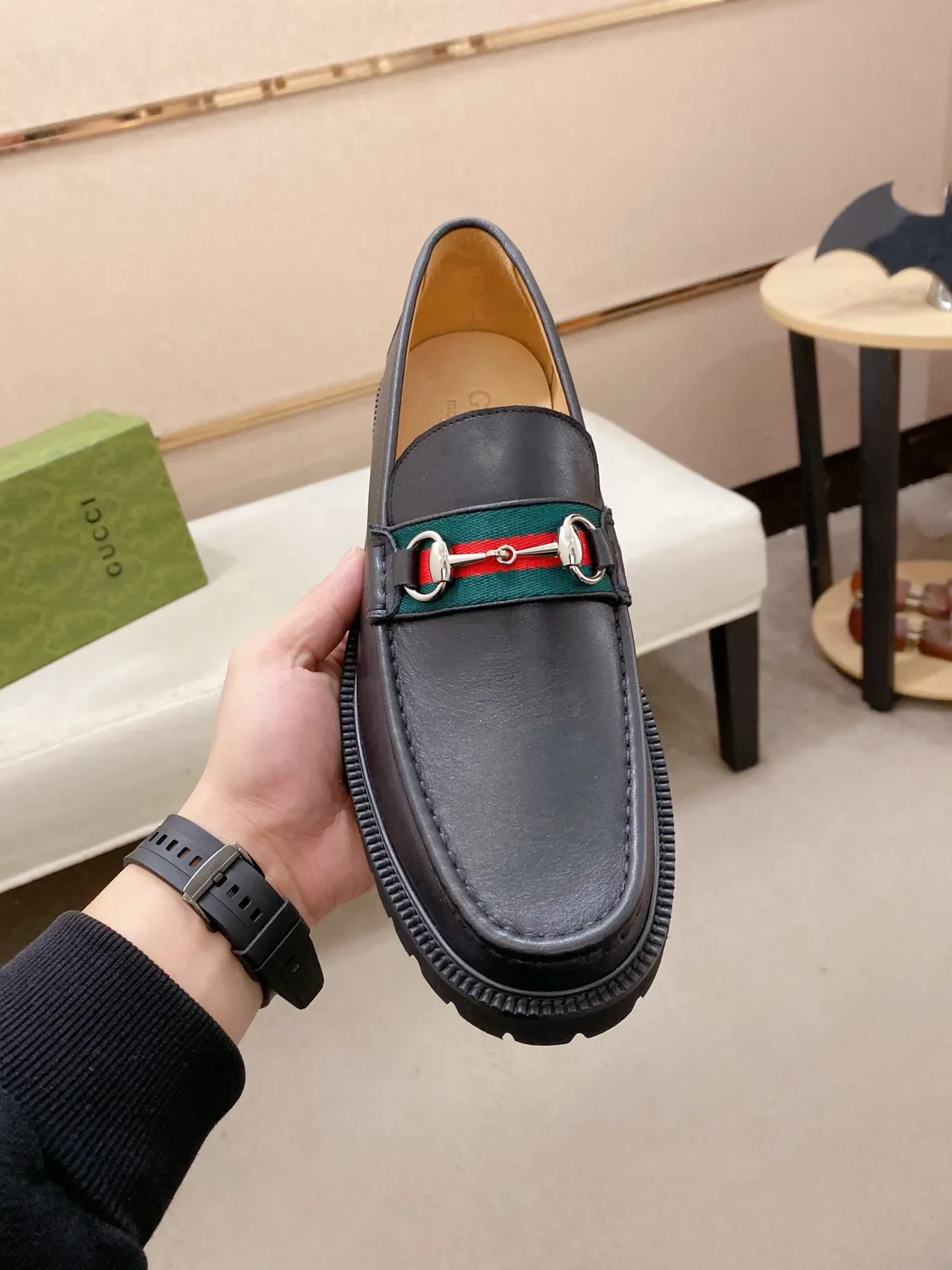 Gucci Horsebit 1955 Black Green Leather Upper Buckle Loafer 5