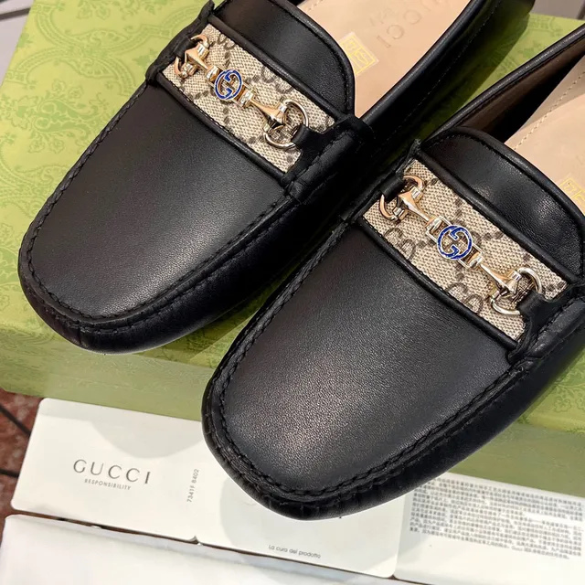 Gucci Horsebit 1955 Black Leather GG Web Loafers 7