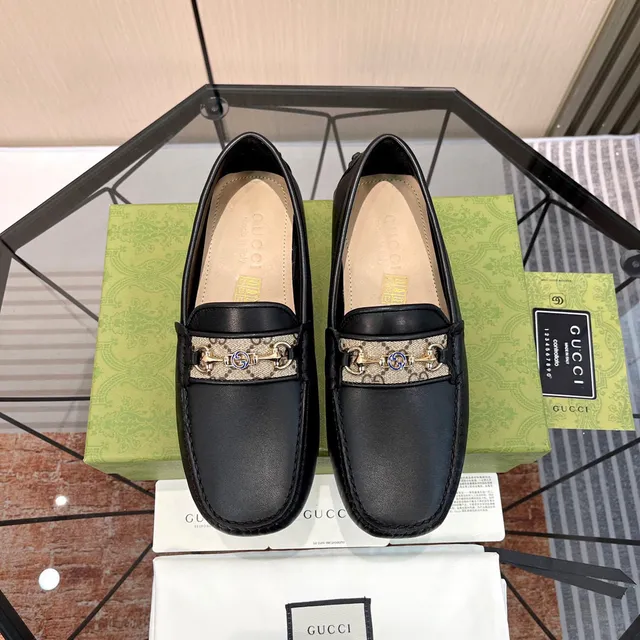 Gucci Horsebit 1955 Black Leather GG Web Loafers 8